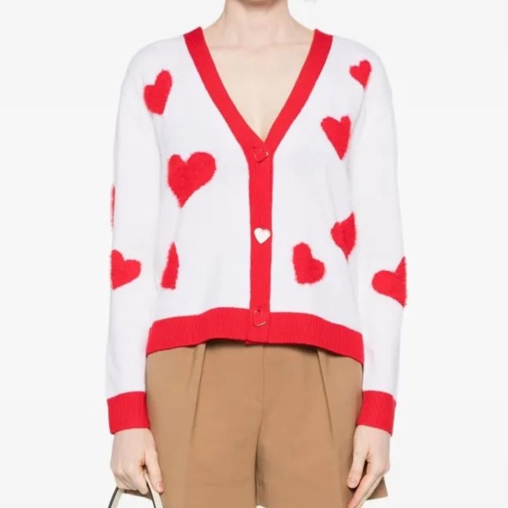 Alice + Olivia Bradley Intarsia Heart Wool Cardigan Sweater Red White S